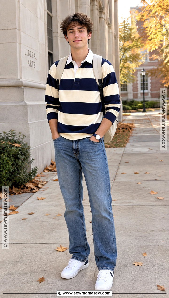 Striped Rugby Shirt And Straight Leg Jeans School Outfit - 15 cute everyday outfits for school fall