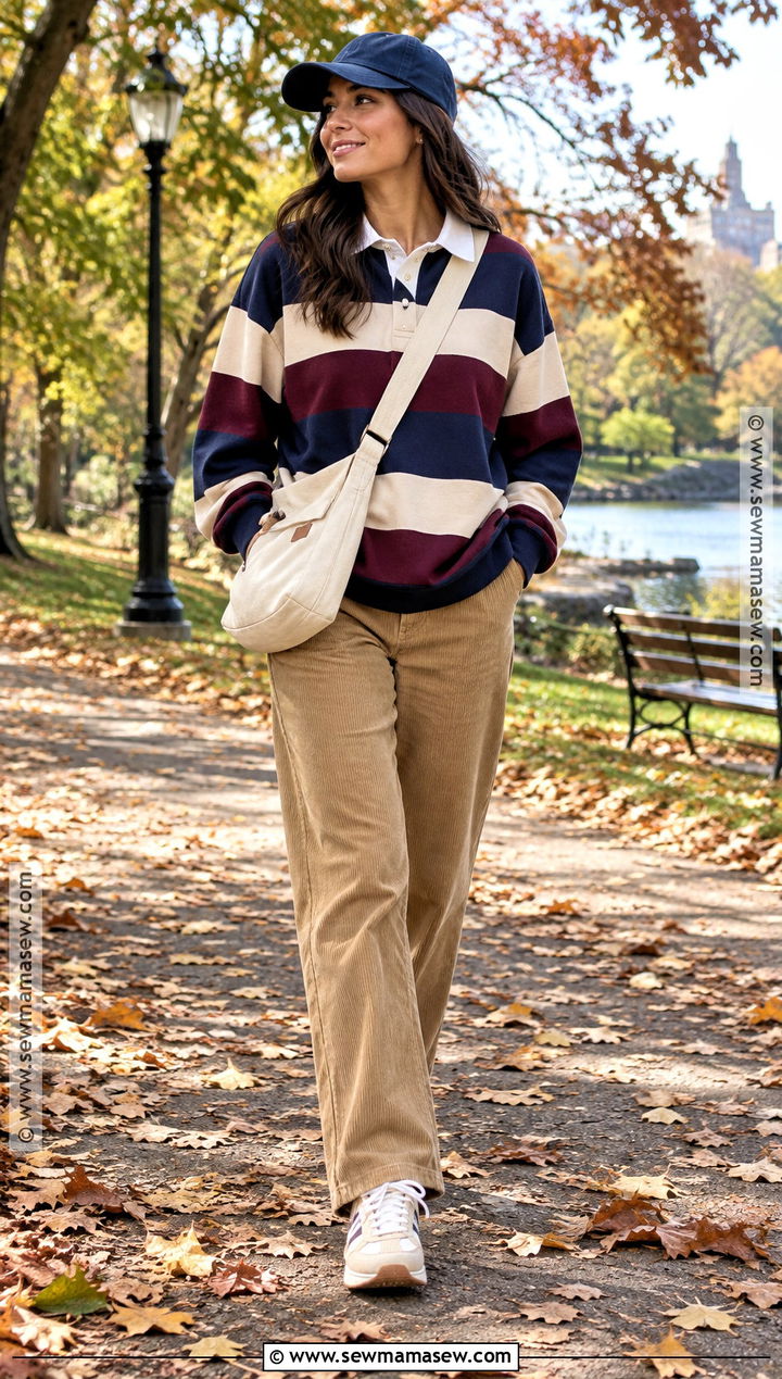 Striped Rugby Shirt With Corduroy Pants - 15 autumn striped outfit ideas