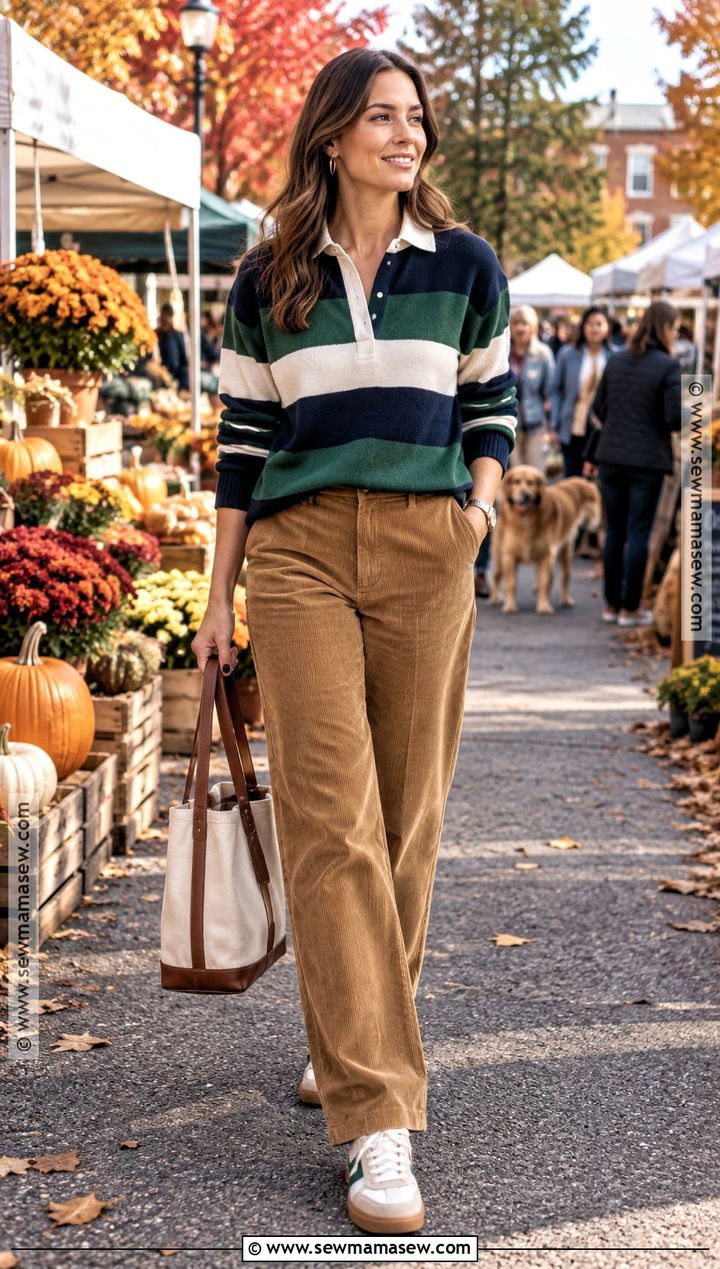 Striped Rugby Sweater With Corduroy Trousers - 15 Autumn Stripes Outfit Ideas