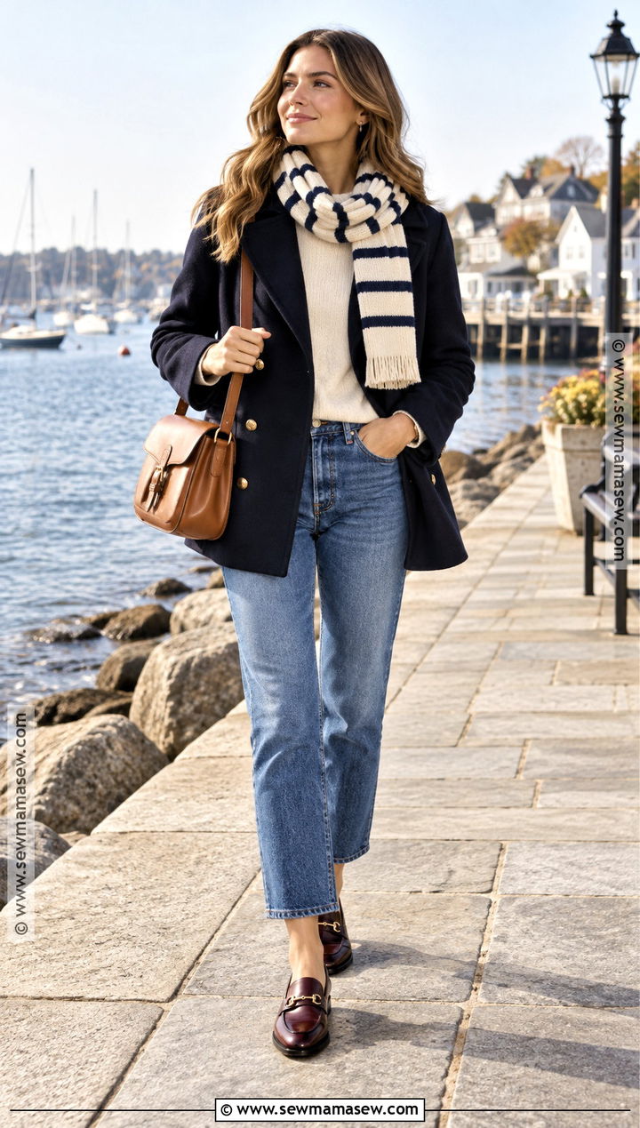 Striped Scarf With Peacoat And Cropped Jeans - 25 fall scarf outfit ideas