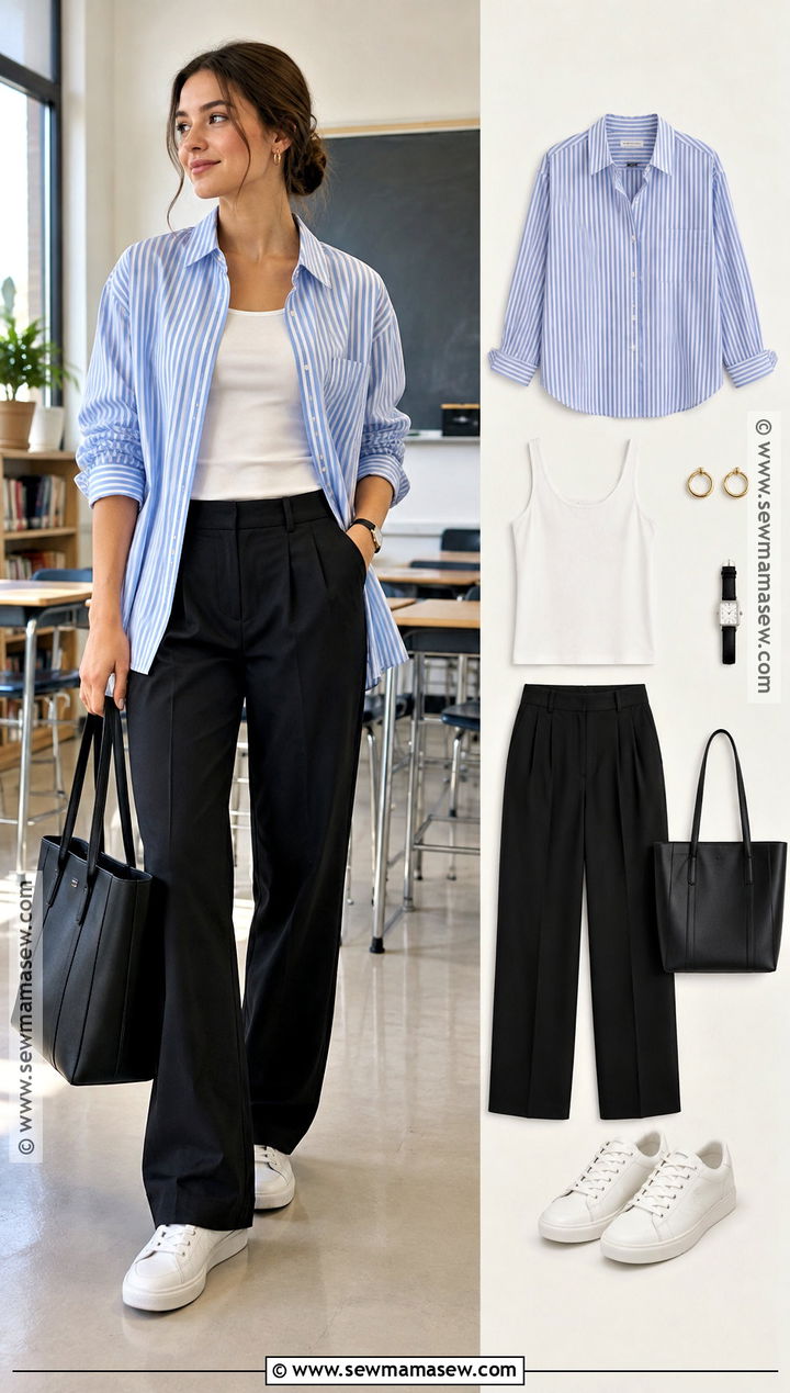 Striped Shirt And Black Trousers Back To School Outfit - 15 back to school outfit collage ideas