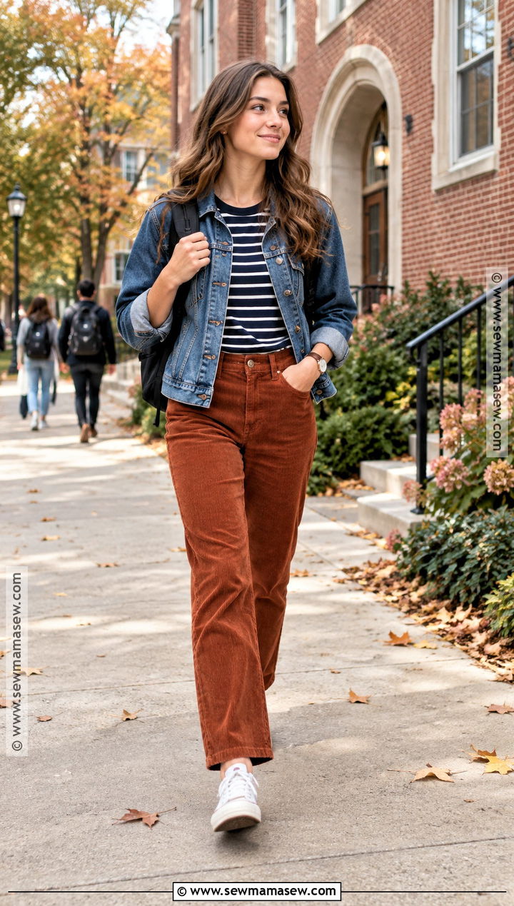 Striped Shirt And Corduroy Pants Outfit - 20 Back To School Outfits Not Basic