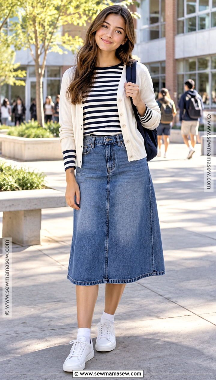 Striped Shirt And Denim Skirt Back To School Outfit - 20 Cheap Back To School Outfits