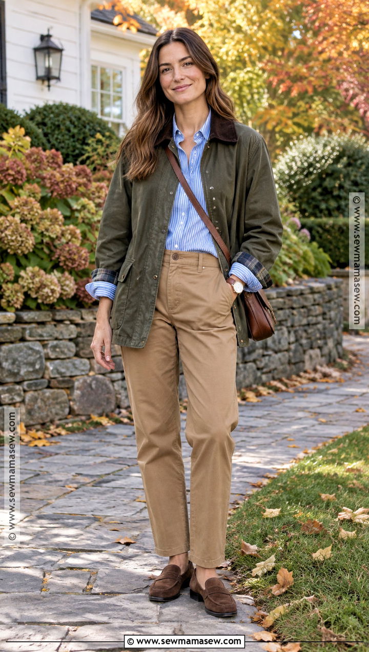 Striped Shirt With Barn Jacket And Chinos - 15 autumn striped outfit ideas