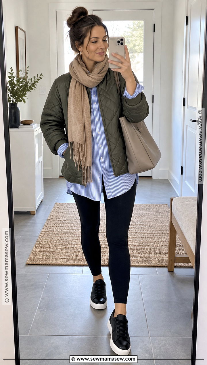 Striped Shirt With Black Leggings And Quilted Jacket - 15 autumn striped shirt ideas