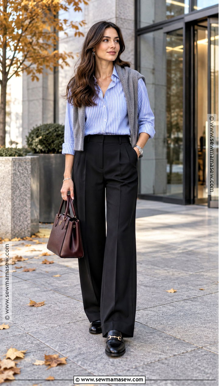 Striped Shirt With Black Tailored Trousers - 20 fall shirt ideas