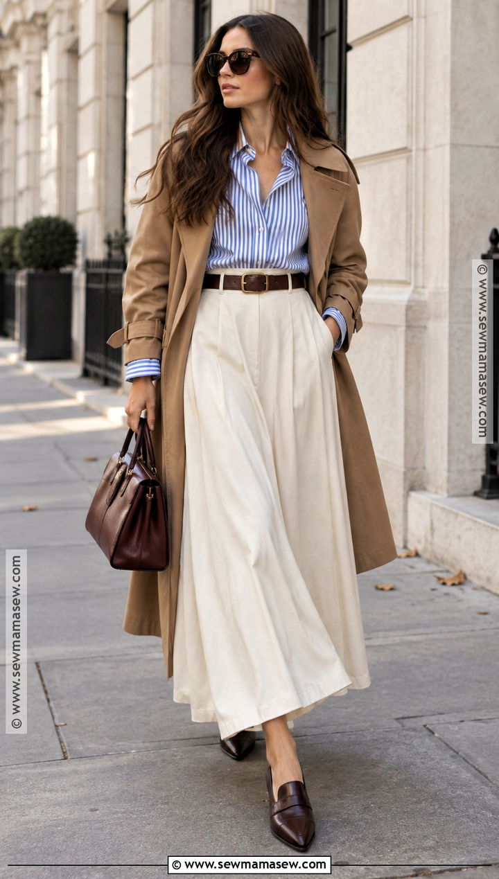 Striped Shirt With Cream Maxi Skirt - 15 fall skirt and shirt outfits
