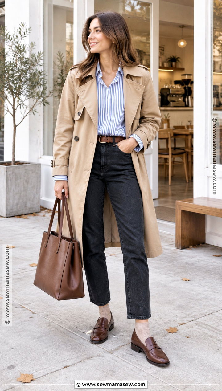 Striped Shirt With Trench Coat And Loafers - 15 autumn striped outfit ideas
