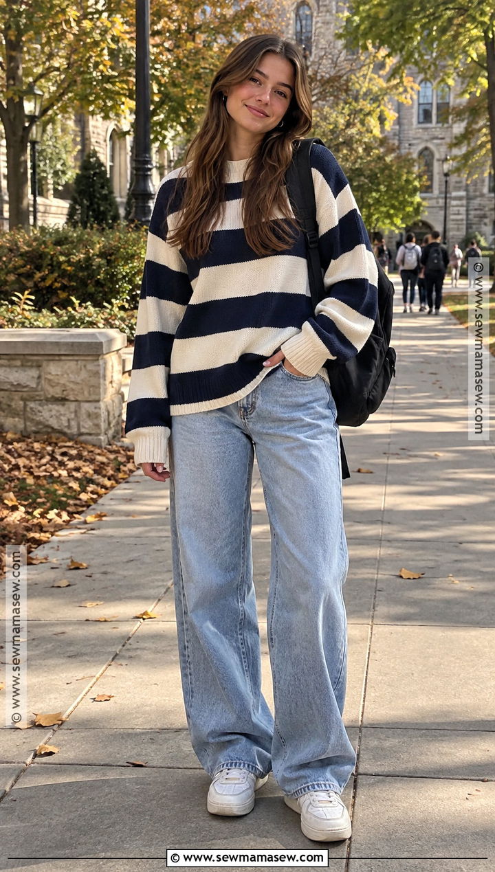 Striped Sweater And Baggy Jeans Fall School Outfit - 20 cute fall school outfits