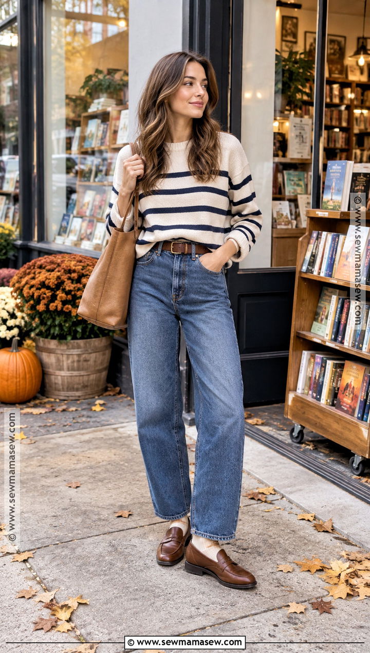 Striped Sweater And Baggy Jeans Outfit - 15 Fall Cozy Outfit Casual Ideas
