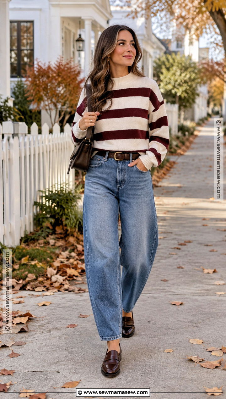 Striped Sweater And Barrel Jeans Thanksgiving Outfit - 25 casual thanksgiving outfits