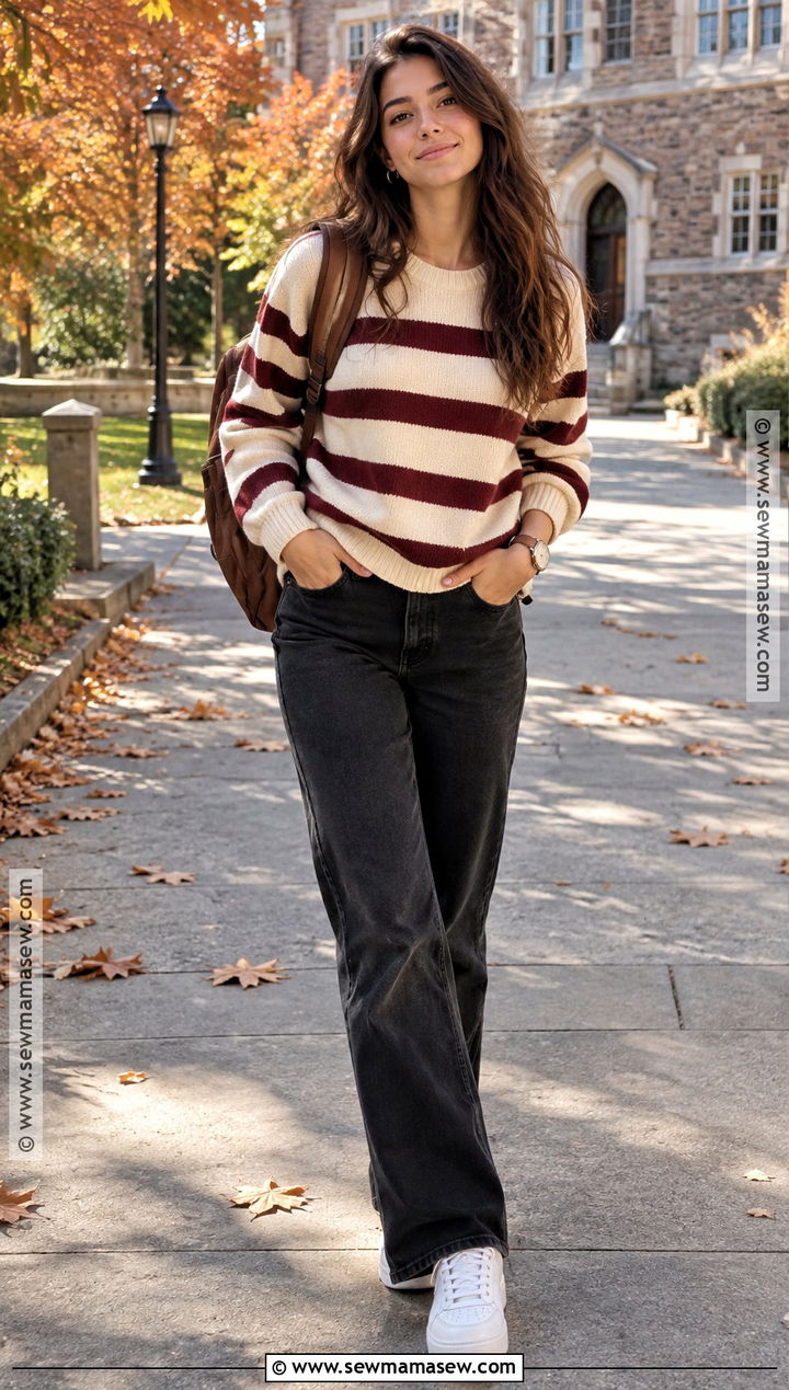 Striped Sweater And Black Jeans School Outfit - 20 fall outfit school ideas
