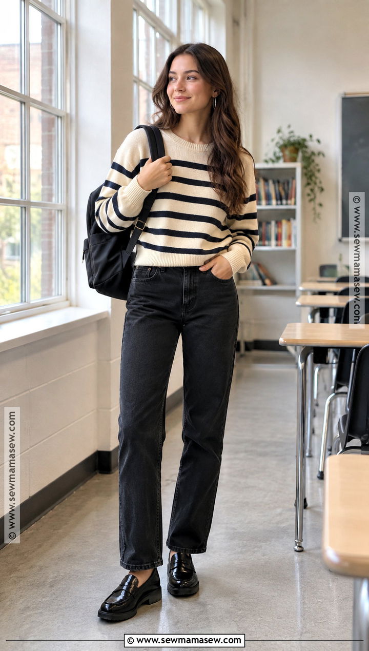Striped Sweater And Black Jeans School Outfit - 15 back to school style ideas