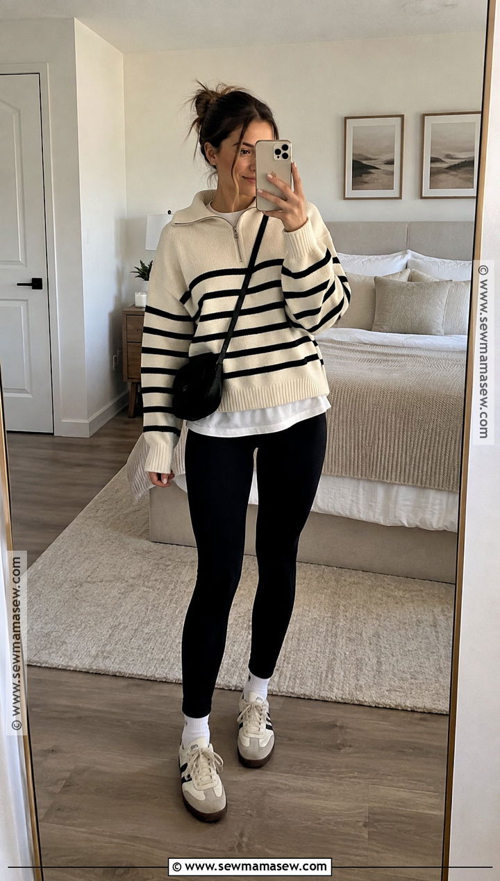 Striped Sweater And Black Leggings Outfit - 15 fall lounge outfits lazy days