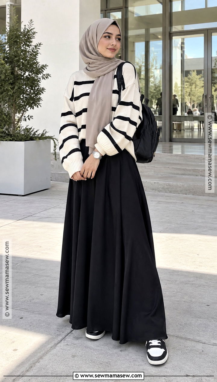Striped Sweater And Black Maxi Skirt Hijabi Outfit - 20 Back To School Hijabi Outfits