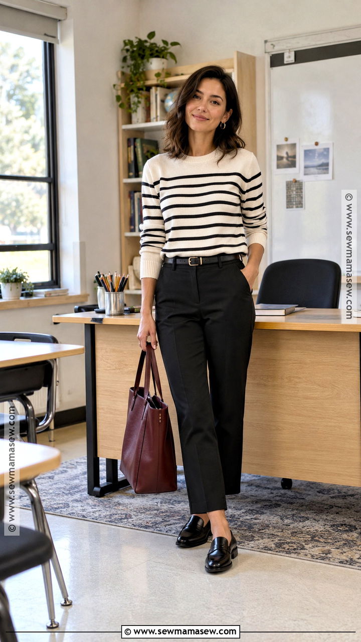 Striped Sweater And Black Trousers Fall Teacher Outfit - 20 fall outfit ideas for teachers