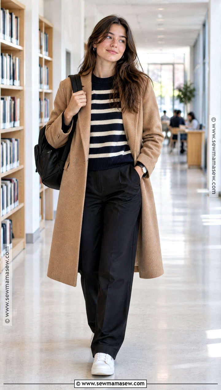 Striped Sweater And Black Trousers Outfit - 20 Back To School After Winter Break Outfit Ideas
