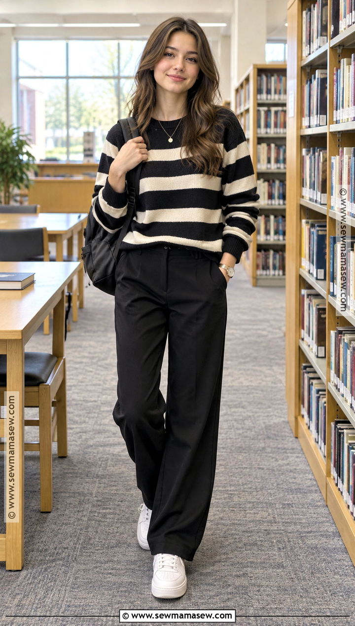 Striped Sweater And Black Trousers School Outfit - 20 Back To School Outfits Fly for Girls