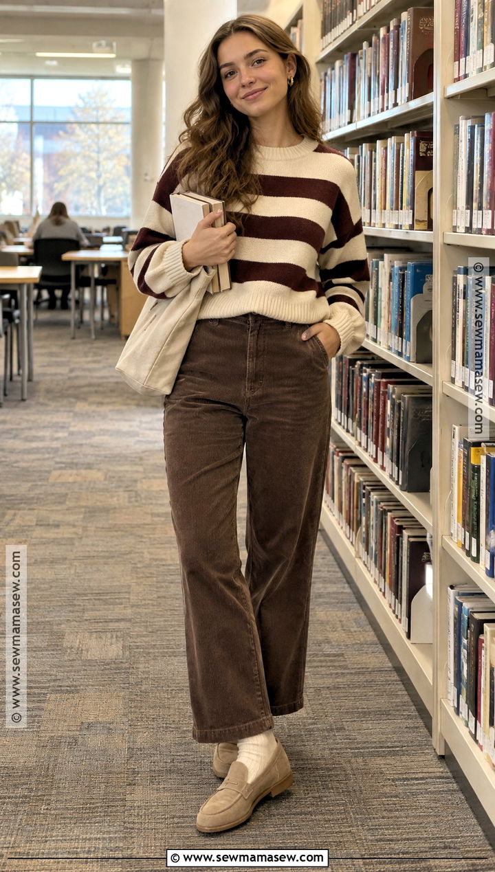 Striped Sweater And Corduroy Pants Back To School Outfit - 20 cute outfits for back to school