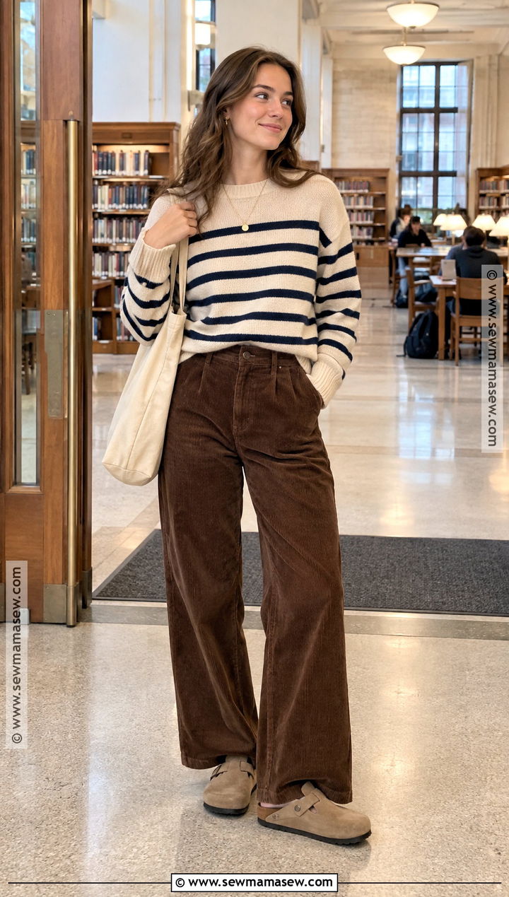 Striped Sweater And Corduroy Pants College Outfit - 15 fall 2026 outfits college