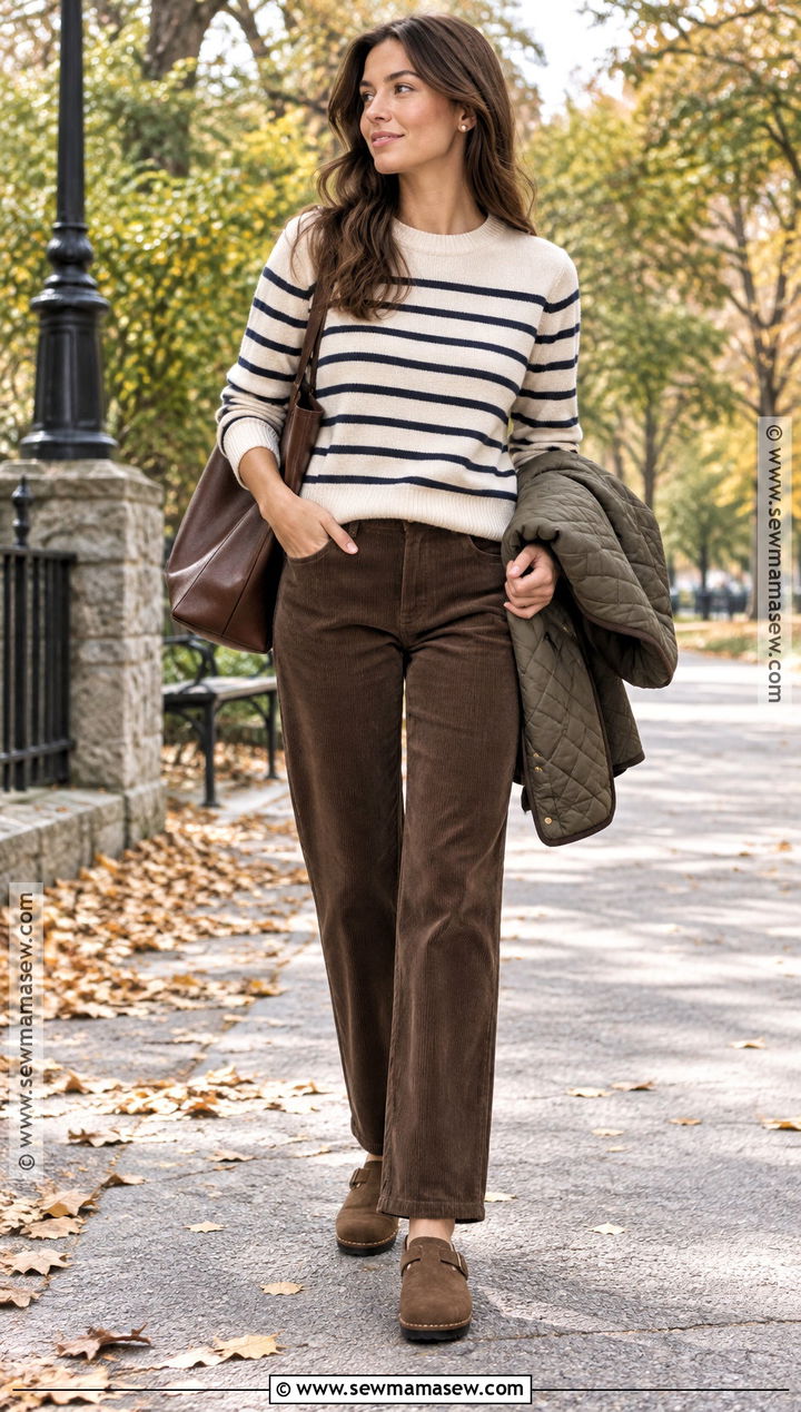 Striped Sweater And Corduroy Pants Fall Outfit - 15 creative fall outfits