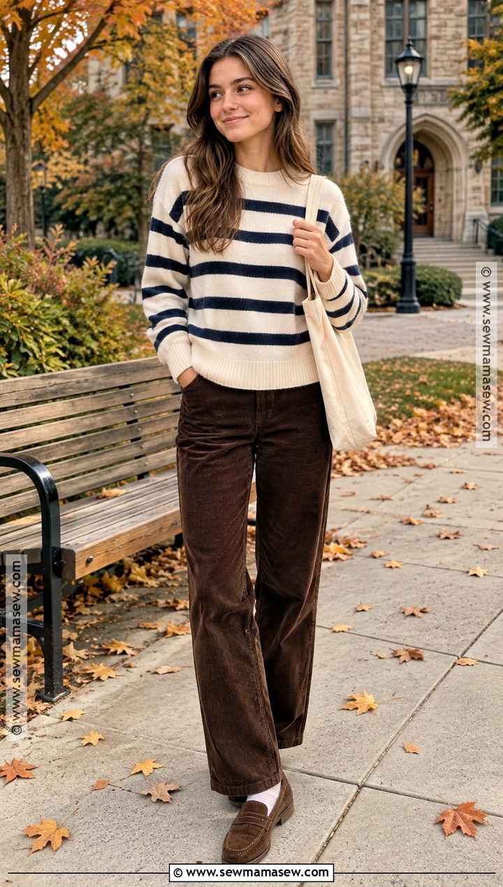 Striped Sweater And Corduroy Pants Fall School Outfit - 15 cute fall school fits
