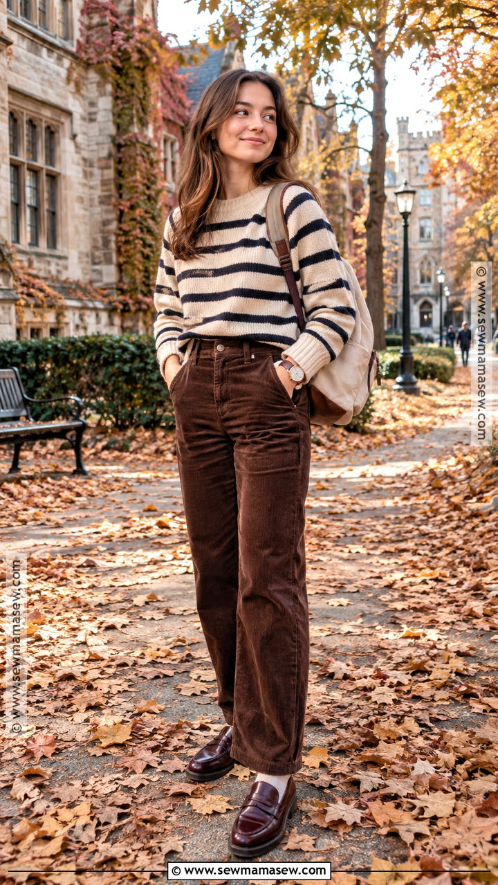 Striped Sweater And Corduroy Pants Fall Semester Outfit - 20 fall semester outfits