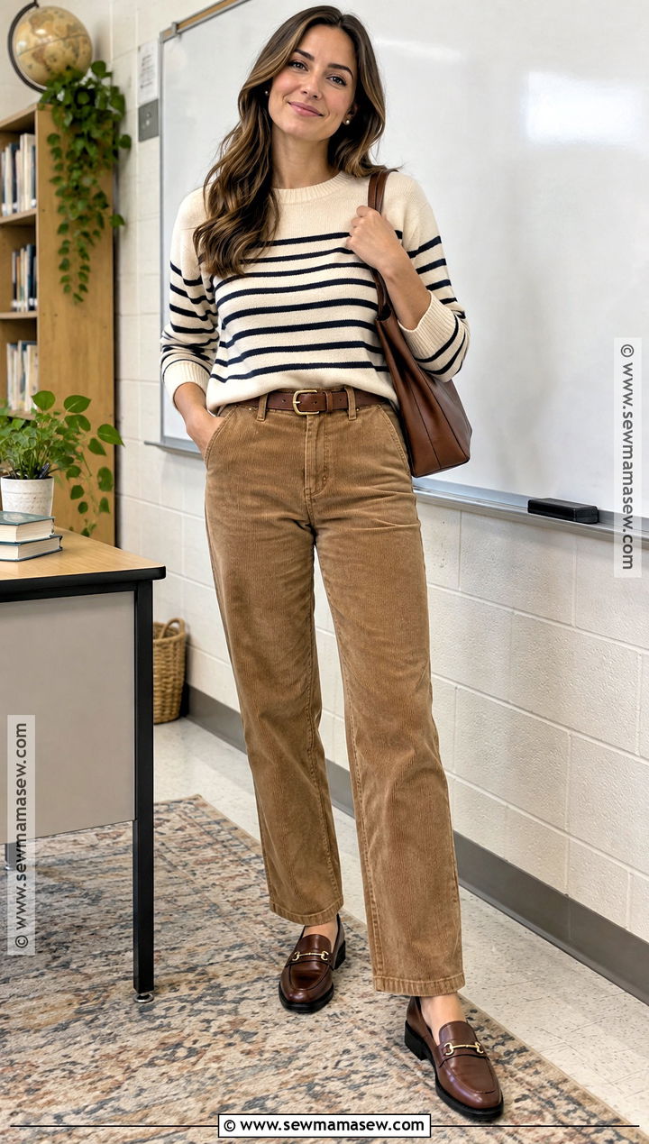 Striped Sweater And Corduroy Pants Fall Teacher Outfit - 15 fall teacher outfits 2026