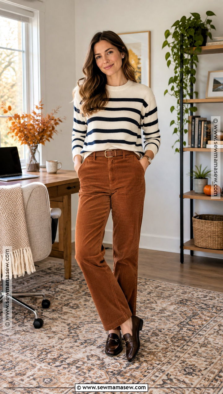 Striped Sweater And Corduroy Pants Fall WFH Outfit - 15 Work From Home Fall Outfit Ideas