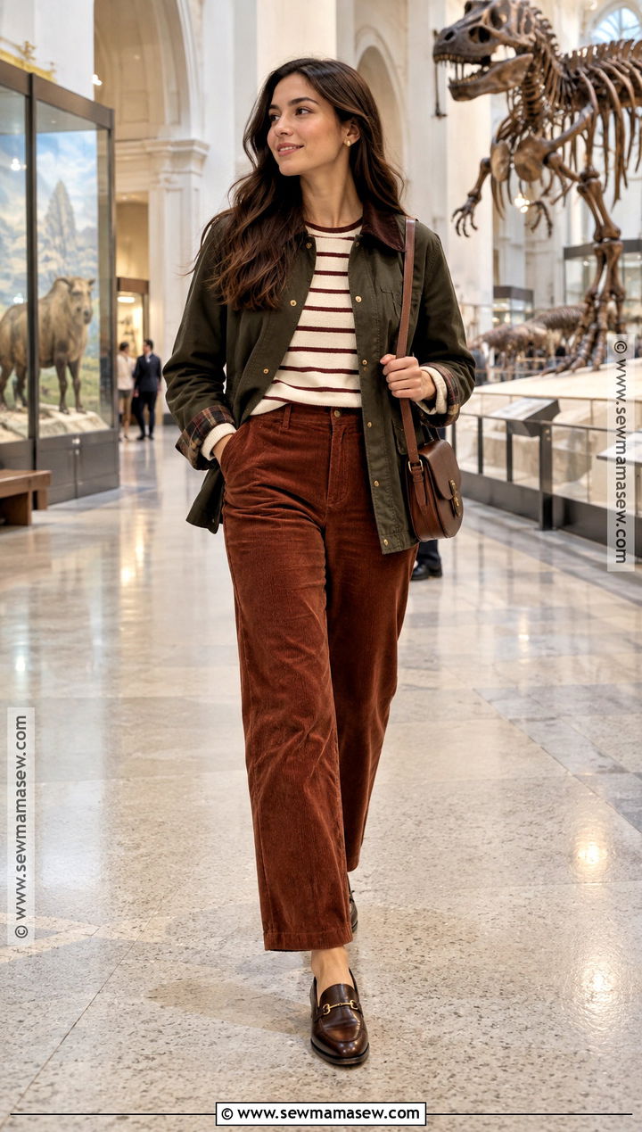 Striped Sweater And Corduroy Pants Museum Outfit - 15 fall museum date outfit ideas