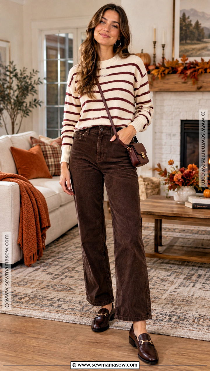 Striped Sweater And Corduroy Pants Thanksgiving Outfit - 25 Thanksgiving Dinner Outfit Ideas