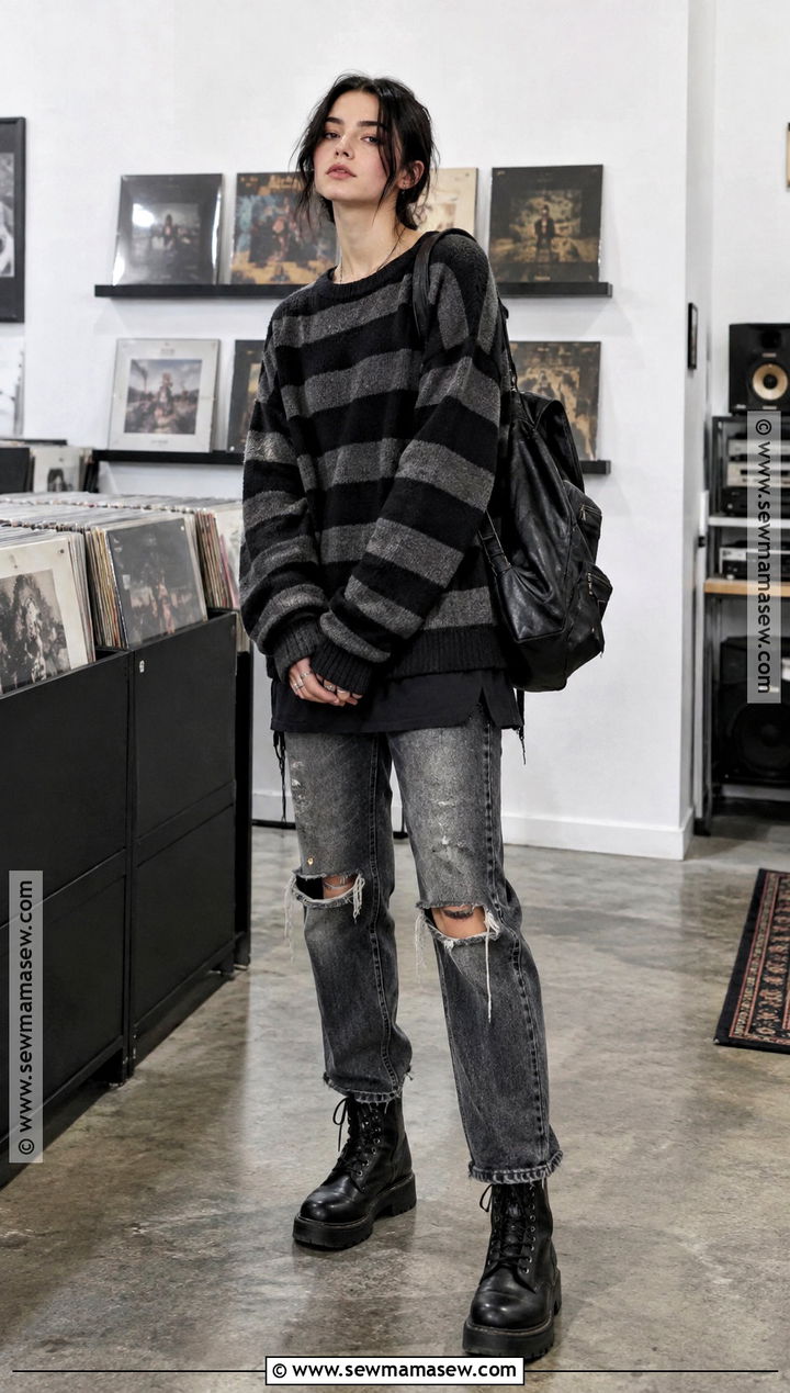 Striped Sweater And Distressed Denim Grunge Outfit - 25 fall outfits grunge