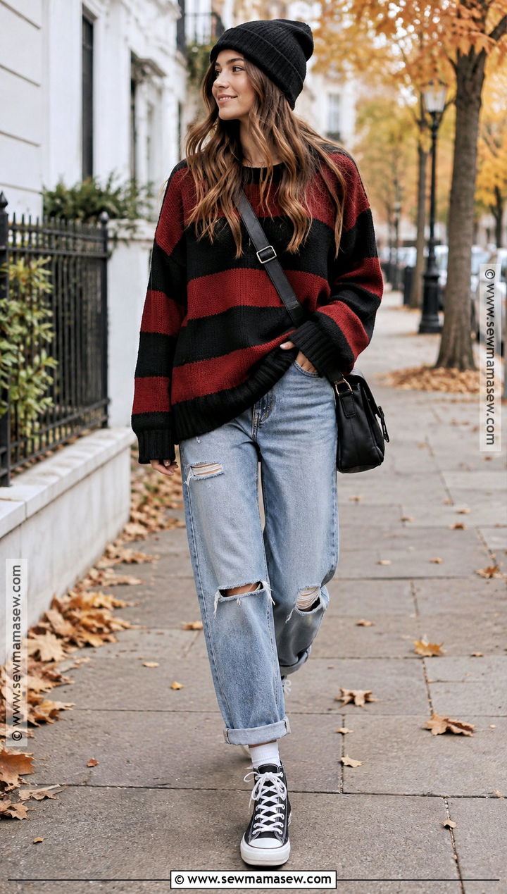 Striped Sweater And Distressed Jeans Autumn Outfit - 25 alt autumn outfits