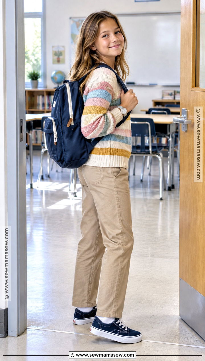 Striped Sweater And Khaki Pants School Outfit - 20 Back To School Outfits 5Th Grade for Girls