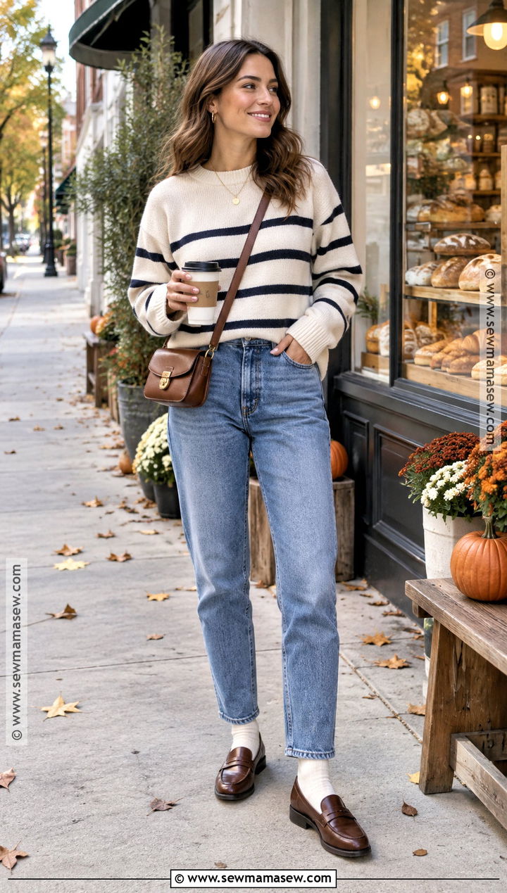 Striped Sweater And Mom Jeans Fall Outfit - 15 Lazy Sunday Outfit Fall Ideas