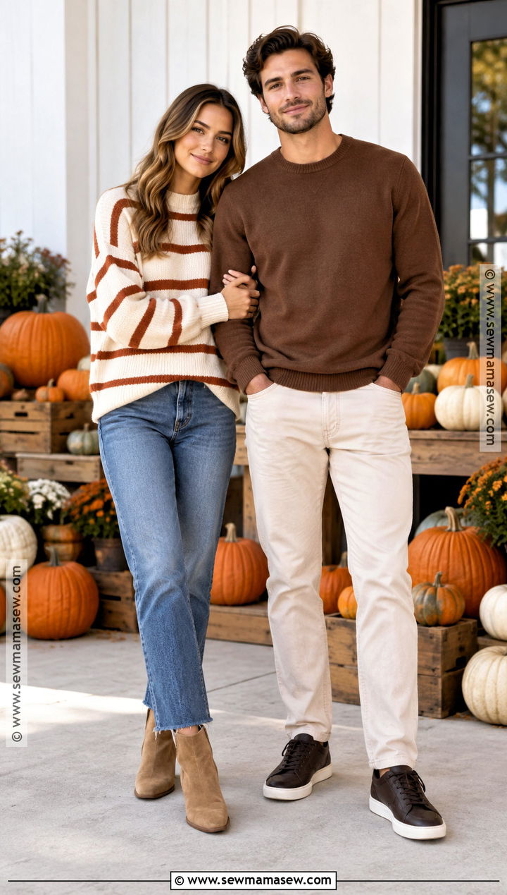 Striped Sweater And Neutral Jeans Couple Outfit - 25 pumpkin patch outfit ideas for couples