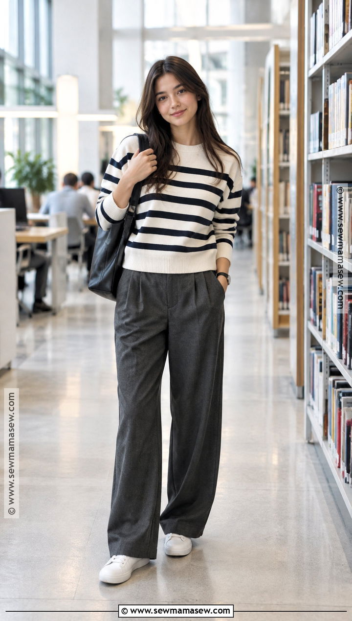 Striped Sweater And Relaxed Trousers School Outfit - 20 comfy school outfits fall