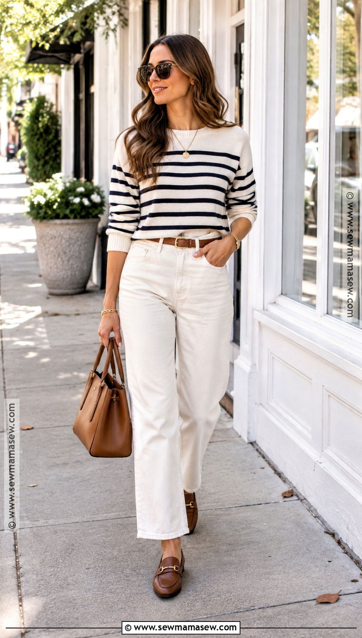 Striped Sweater And White Jeans Fall Transition Outfit - 15 Outfit Inspo Fall Transition Ideas