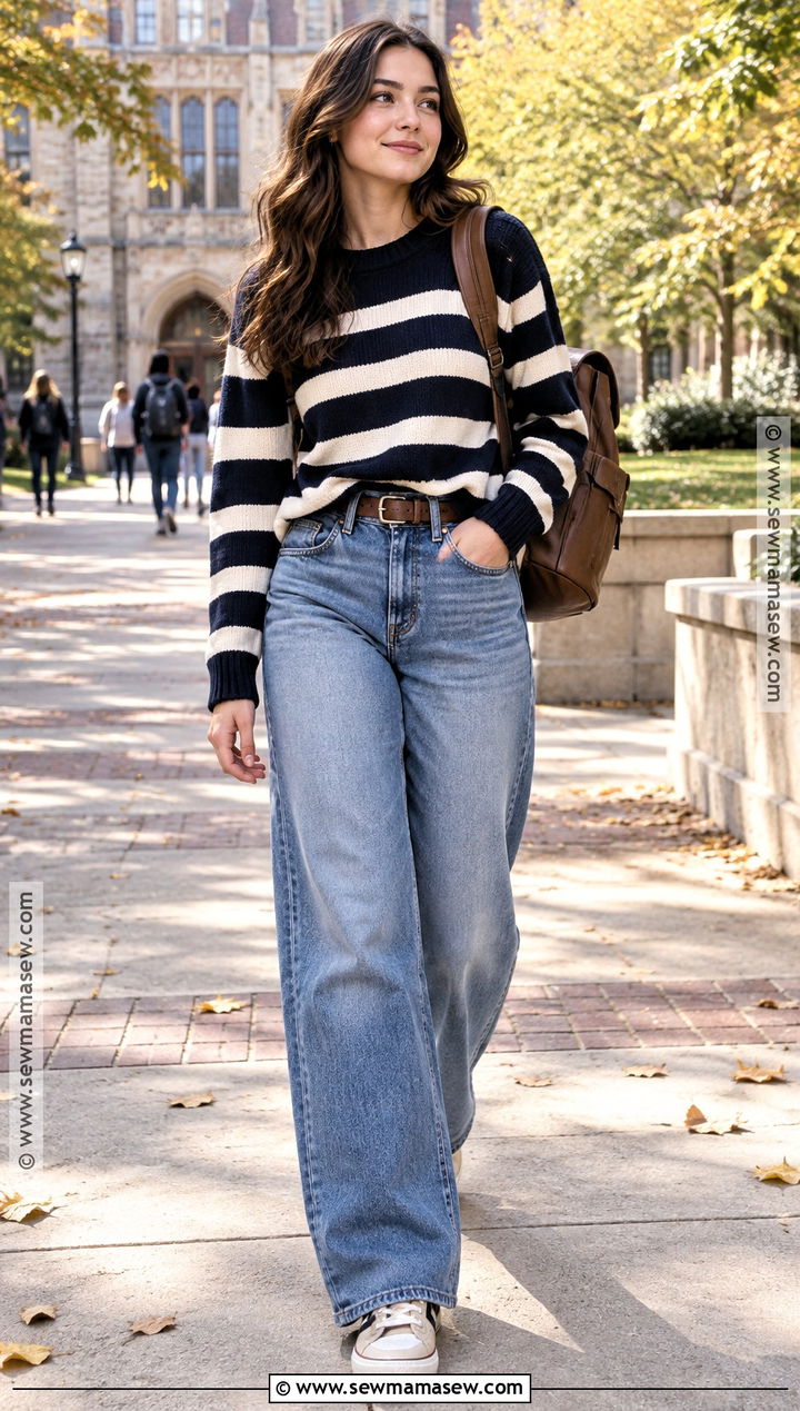 Striped Sweater And Wide Leg Jeans Fall School Outfit - 25 fall outfit inspo for school ideas