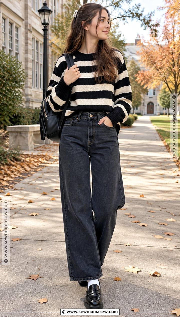 Striped Sweater And Wide Leg Jeans School Outfit - 25 autumn outfits school