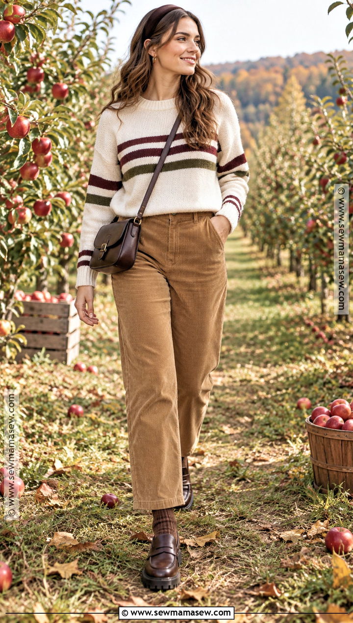 Striped Sweater Apple Picking Outfit With Corduroy Pants - 20 Apple Picking Outfits Fall