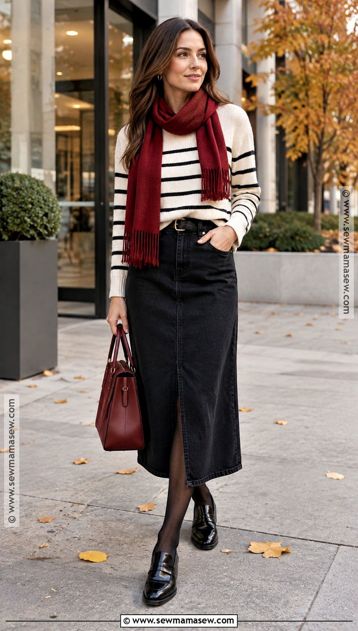 Striped Sweater Black Jean Skirt And Loafers - 25 jean skirt fall outfits