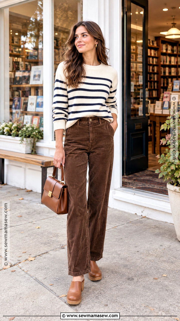 Striped Sweater Fall Outfit With Corduroy Pants - 20 Cozy Fall Fashion Ideas