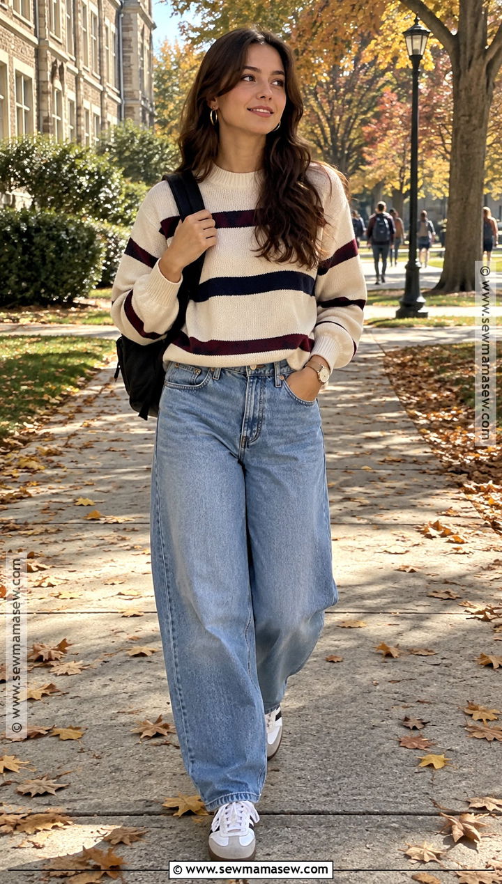 Striped Sweater School Outfit With Barrel Jeans - 15 casual fall outfits for school