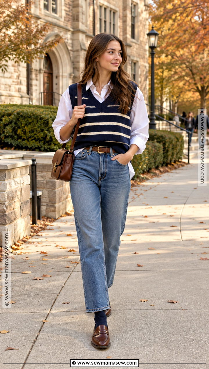Striped Sweater Vest With White Shirt And Jeans - 15 autumn striped outfit ideas