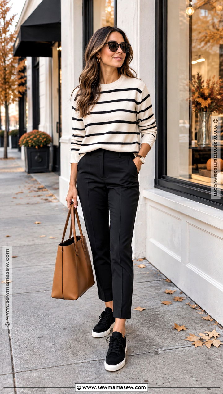 Striped Sweater With Ankle Pants And Black Sneakers - 15 fall fashion with sneakers
