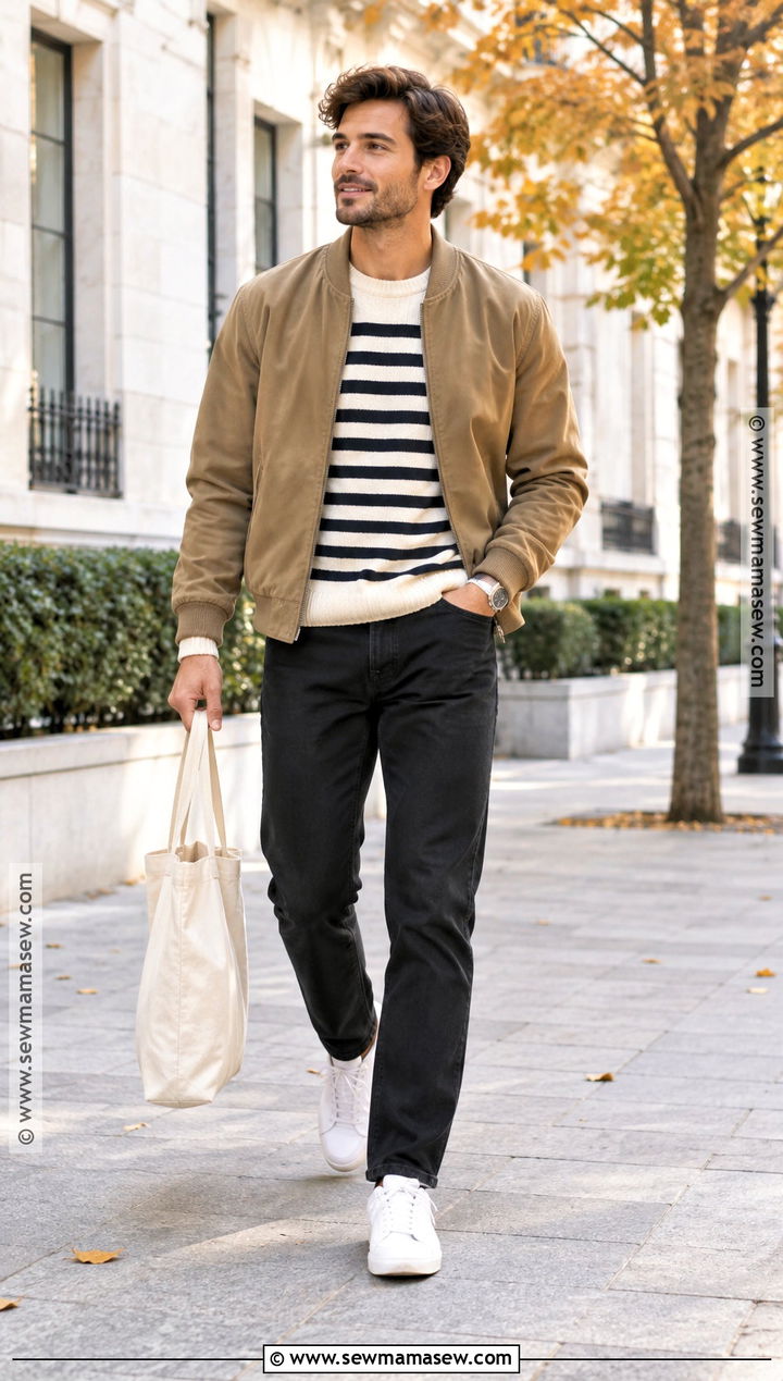 Striped Sweater With Black Jeans And White Sneakers - 15 fall outfits men autumn sweaters