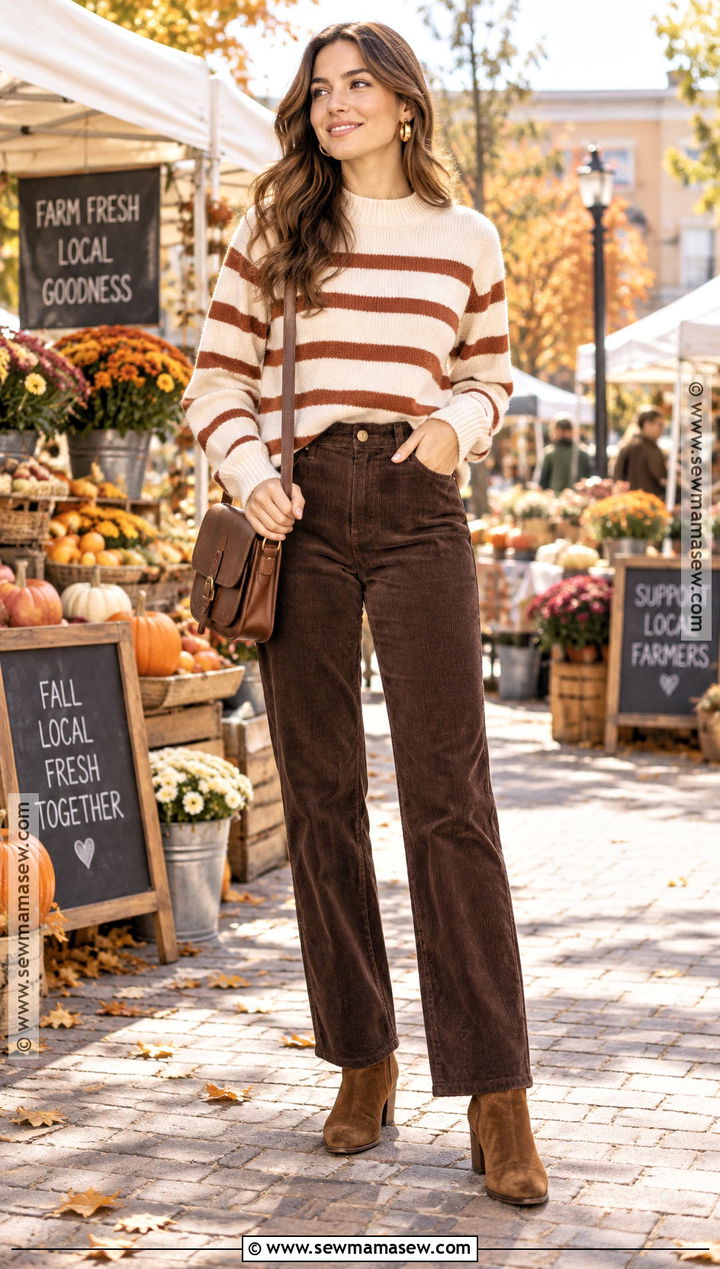 Striped Sweater With Brown Corduroy Pants - 15 Striped Sweater Fall Outfit Ideas
