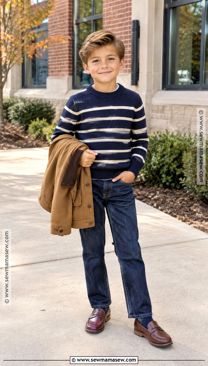 Striped Sweater With Dark Jeans And Loafers - 25 Boy Fall Outfits