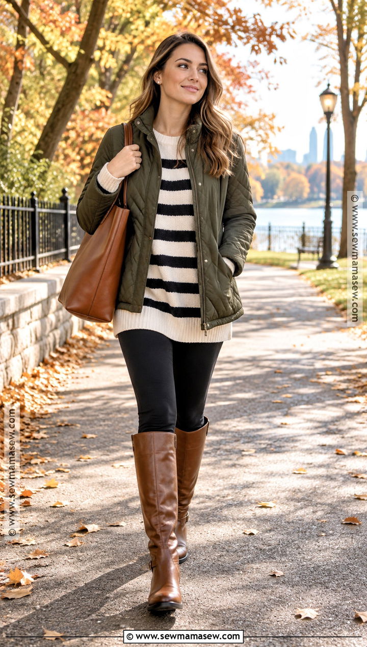 Striped Sweater With Leggings And Riding Boots - 15 Autumn Stripes Outfit Ideas